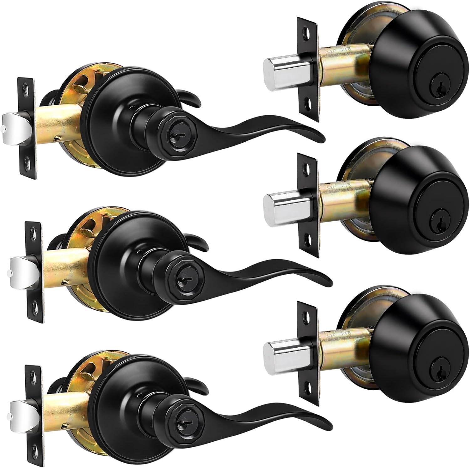image:imageProbrico Front Door Handle Lever 3 Sets  Entry Door Lever and Double Cylinder Deadbolts Combo Pack in Oil Rubbed Bronze Finish Keyed Alike Lockset Exterior and Interior Contractor Pack Wave StyleBlack
