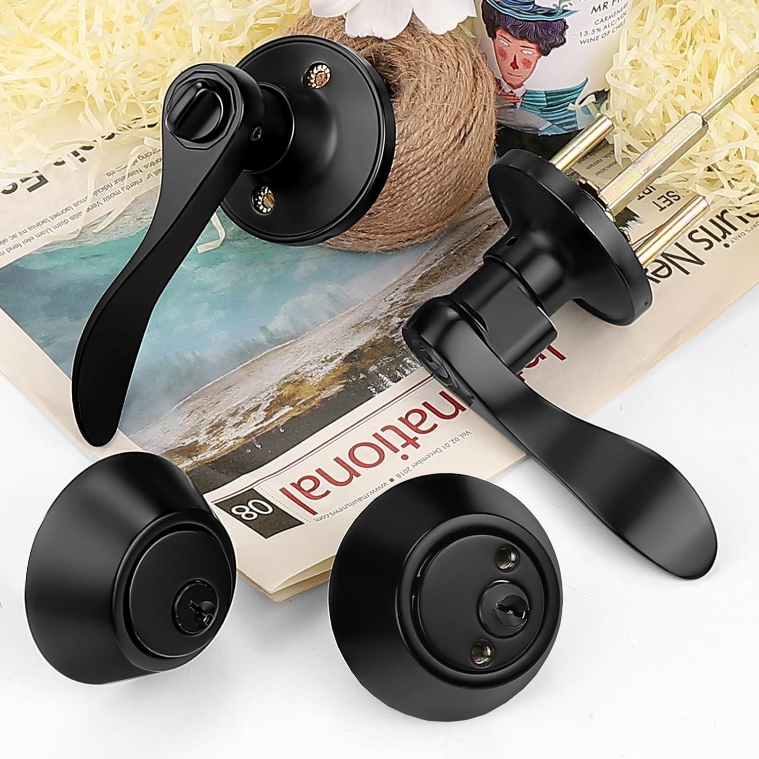 image:imageProbrico Front Door Handle Lever 3 Sets  Entry Door Lever and Double Cylinder Deadbolts Combo Pack in Oil Rubbed Bronze Finish Keyed Alike Lockset Exterior and Interior Contractor Pack Wave StyleBlack