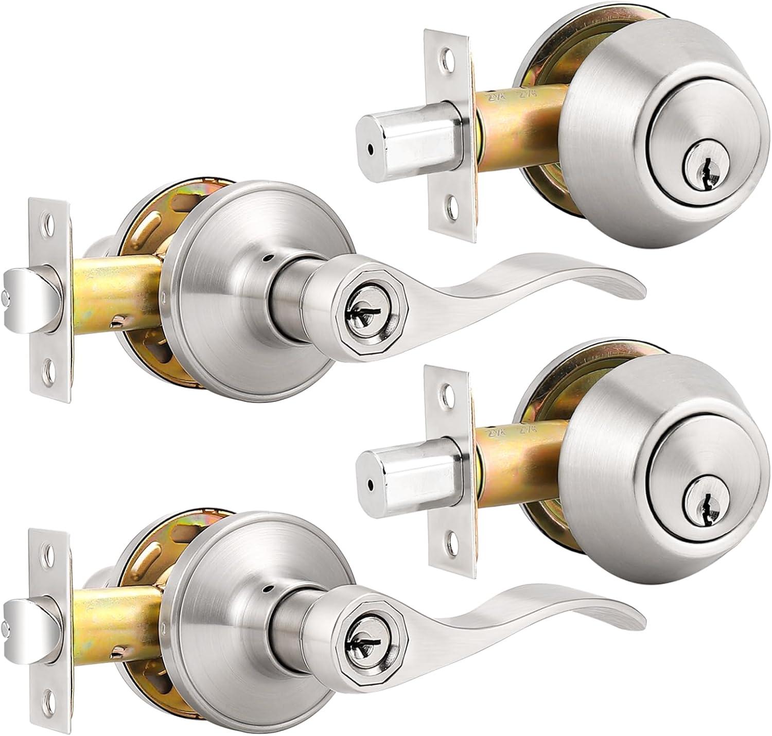 image:imageProbrico Front Door Handle Lever 3 Sets  Entry Door Lever and Double Cylinder Deadbolts Combo Pack in Oil Rubbed Bronze Finish Keyed Alike Lockset Exterior and Interior Contractor Pack Wave StyleBrushed Nickel