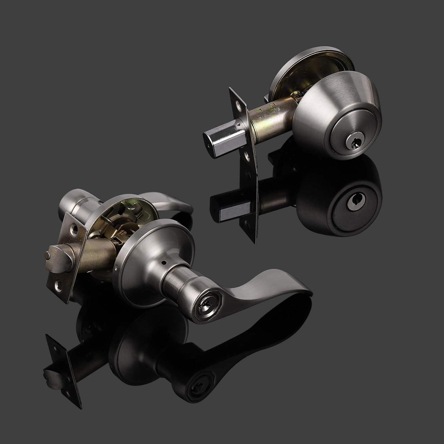 image:imageProbrico Front Door Handle Lever 3 Sets  Entry Door Lever and Double Cylinder Deadbolts Combo Pack in Oil Rubbed Bronze Finish Keyed Alike Lockset Exterior and Interior Contractor Pack Wave StyleBrushed Nickel