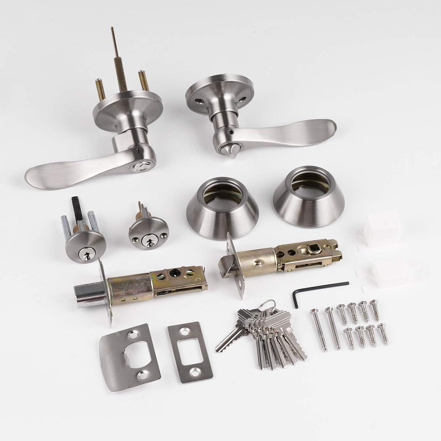 image:imageProbrico Front Door Handle Lever 3 Sets  Entry Door Lever and Double Cylinder Deadbolts Combo Pack in Oil Rubbed Bronze Finish Keyed Alike Lockset Exterior and Interior Contractor Pack Wave StyleBrushed Nickel