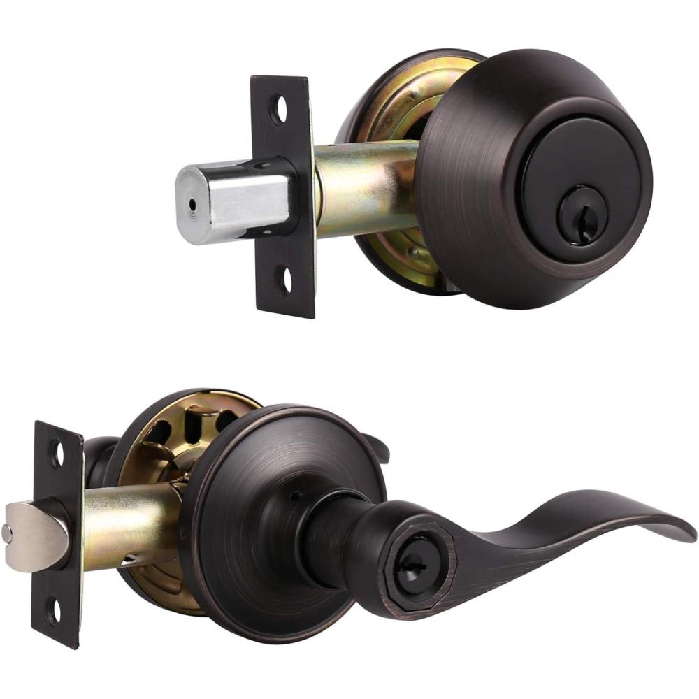 image:imageProbrico Front Door Handle Lever 3 Sets  Entry Door Lever and Double Cylinder Deadbolts Combo Pack in Oil Rubbed Bronze Finish Keyed Alike Lockset Exterior and Interior Contractor Pack Wave StyleOil Rubbed Bronze