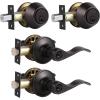 image:imageProbrico Front Door Handle Lever 3 Sets  Entry Door Lever and Double Cylinder Deadbolts Combo Pack in Oil Rubbed Bronze Finish Keyed Alike Lockset Exterior and Interior Contractor Pack Wave StyleOil Rubbed Bronze