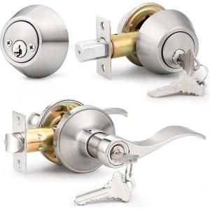 image:imageProbrico Front Door Handle Lever 3 Sets  Entry Door Lever and Double Cylinder Deadbolts Combo Pack in Oil Rubbed Bronze Finish Keyed Alike Lockset Exterior and Interior Contractor Pack Wave StyleBrushed Nickel