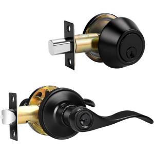 image:imageProbrico Front Door Handle Lever 3 Sets  Entry Door Lever and Double Cylinder Deadbolts Combo Pack in Oil Rubbed Bronze Finish Keyed Alike Lockset Exterior and Interior Contractor Pack Wave StyleBlack